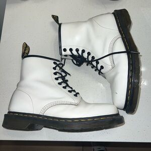 Dr. Martens White Leather Lace-Up Boots with Black Laces and Yellow Stitching
